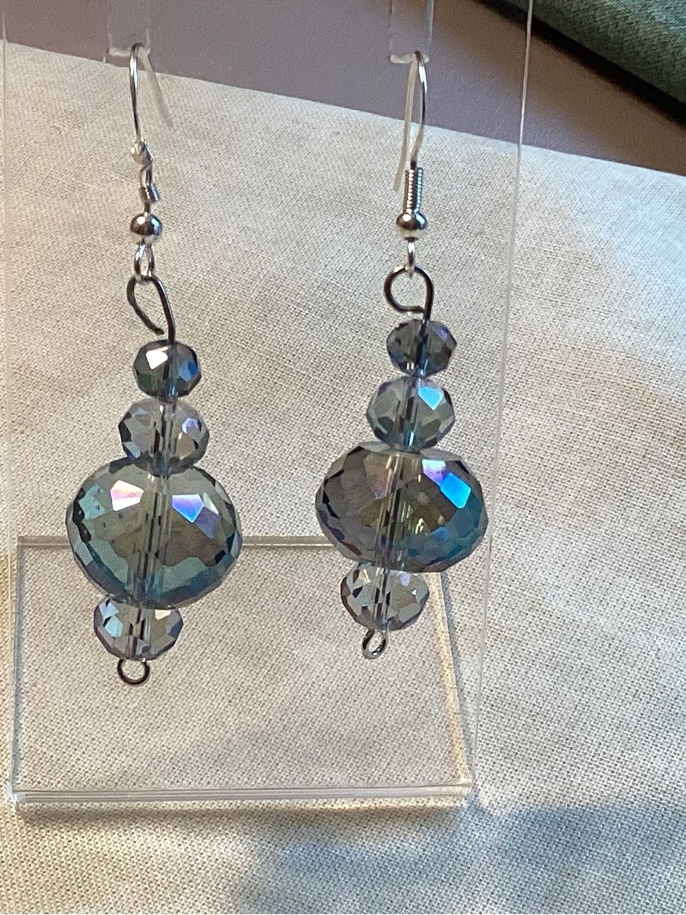 Sterling Silver Ear Wire AB Crystal Drop  Earrings - Iridescent Blue-Green